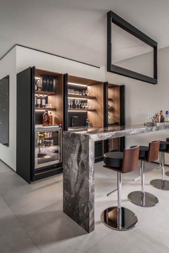 a marble bar in the middle of a room