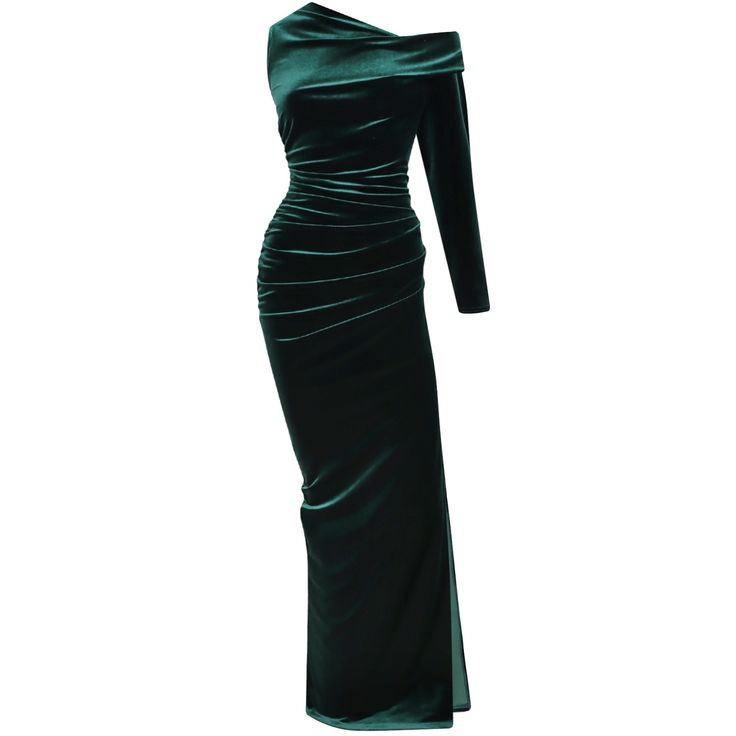 Embrace the allure of velvet this season with our emerald green maxi dress. The maxi length elongates the figure whilst our signature pleating and ruching cleverly flatters in all the right places. The style is stretch, pull on with a high side split, elevated further still with a seductive twist, drop shoulder detail. Captivate the room with your undeniable presence this party season.... All styles are made in the UK and are limited edition. Delicate machine wash at 30 degrees 90% Polyester 10% Spandex Dark Green Evening Dress For Gala, Dark Green Gala Evening Dress, Green Ruched Maxi Dress For Gala, Green Ruched Evening Maxi Dress, Chic Green Velvet Dress, Green Velvet Dress For Formal Occasions, Elegant Fitted Green Velvet Dress, Elegant Dark Green Floor-length Maxi Dress, Green Velvet Formal Evening Dress