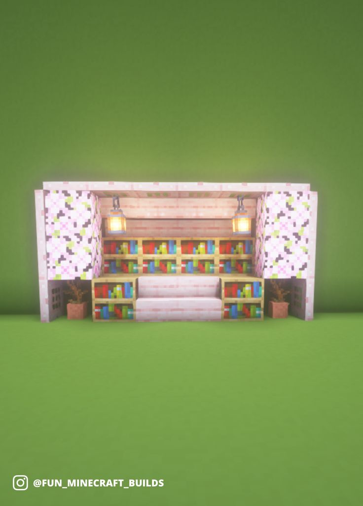 Library themed Minecraft couch design with cherry wood and blossom plants. Add to your list of simple Minecraft ideas today! Minecraft Couch With Pillows, Minecraft Floor Designs Cherry Wood, Couch Ideas Minecraft, Cherry Blossom Library Minecraft, Cherry Blossom Interior Minecraft, Couch Minecraft, Minecraft Couch Ideas, Minecraft Couch, Minecraft Library Ideas