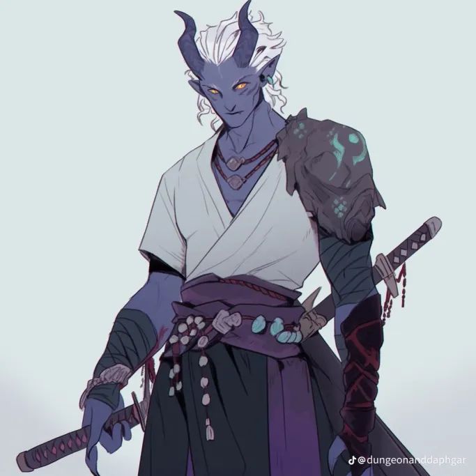 an anime character with white hair and horns holding two swords in one hand, while wearing a purple outfit