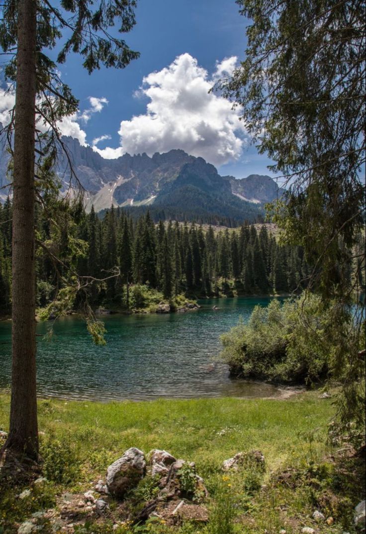 a lake surrounded by trees with mountains in the background