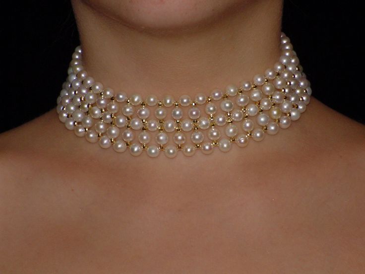 Woven pearl choker with big pearls and gold beads, by Marina J Christian Necklaces, Womens Diamond Necklace, Fancy Cross, Diamond Necklace Simple, Jewelry Necklace Simple, Choker Necklace Designs, Necklaces Women, Pearl Necklace Designs, Diamond Necklace Designs