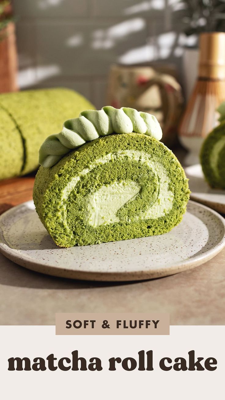 a green roll is on a plate with the words soft and fluffy matcha roll cake