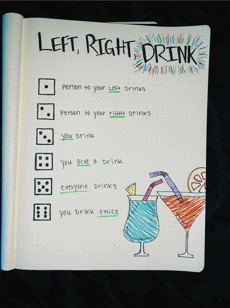 a notepad with a drawing of a drink and dices on the side that says left, right, drunk