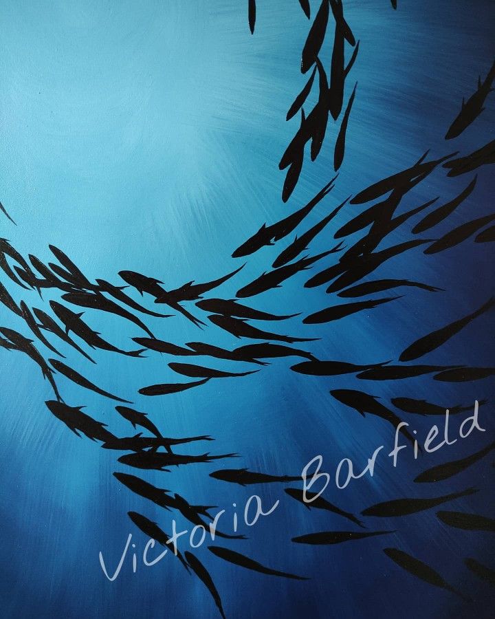 a painting of many fish swimming in the water with words written below it that read victoria bartfield