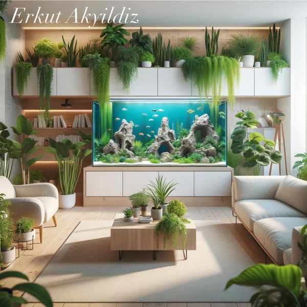 a living room filled with lots of plants and fish tank in the middle of it