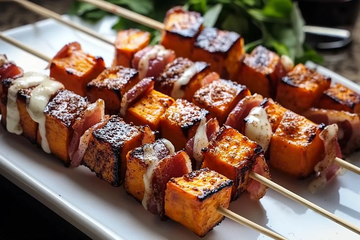 several skewers of food on a white plate