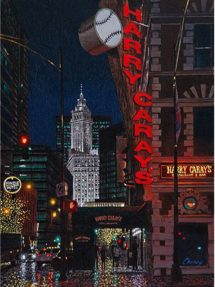 a painting of a city street at night with people walking on the sidewalk and buildings lit up