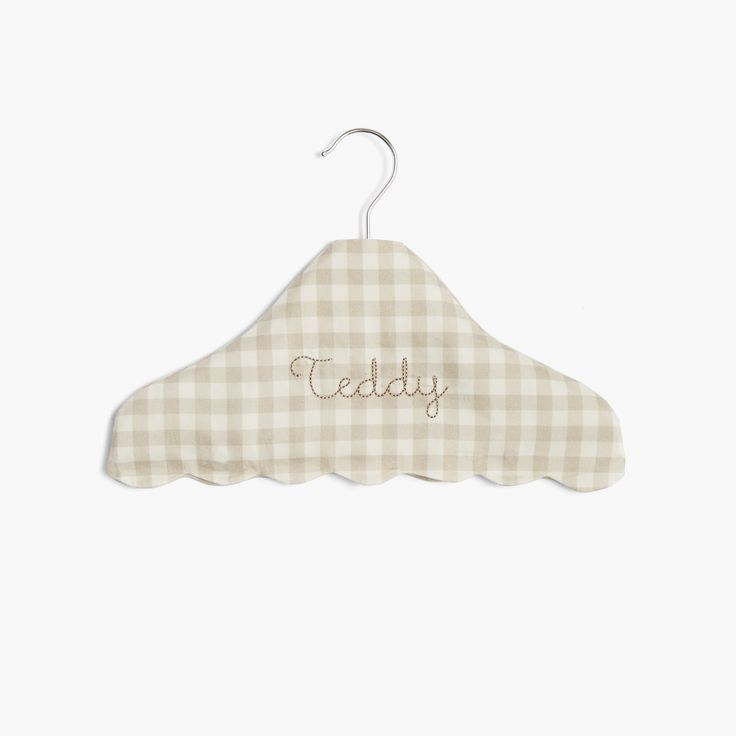 Children's Hanger in Beige Gingham with a personalized monogram name on front. Fabric Covered Hangers, Covered Hangers, Scandinavian Concept, Toddler Poncho, Beige Gingham, Baby Duvet, Handwritten Gifts, Clothing Closet, Boutique Display