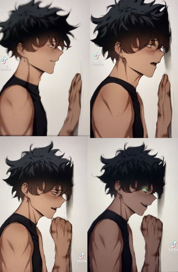 four pictures of a man with black hair and no shirt, one has his hand on his face