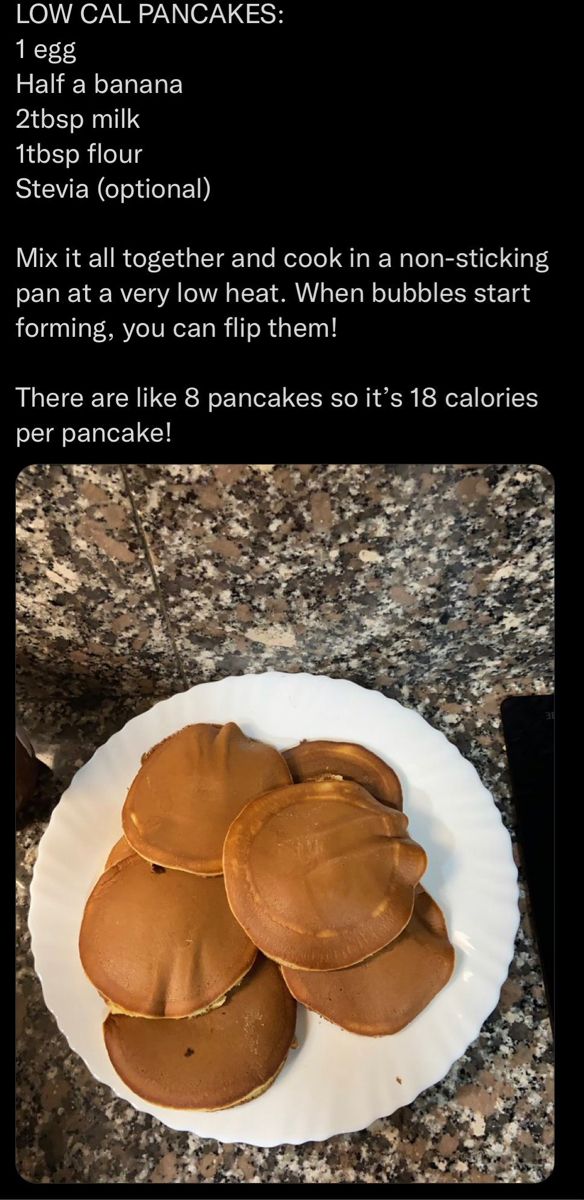 three pancakes on a white plate sitting on top of a granite counter with instructions for how to make them