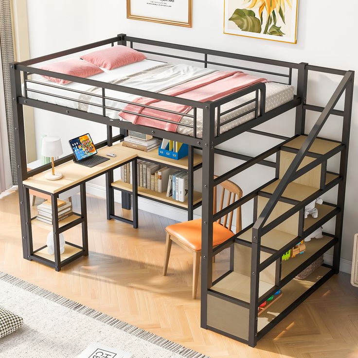 a loft bed with desk underneath it and bookshelf below in the middle of the room