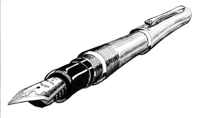 an ink pen is shown in this black and white drawing, with the tip pointing upward