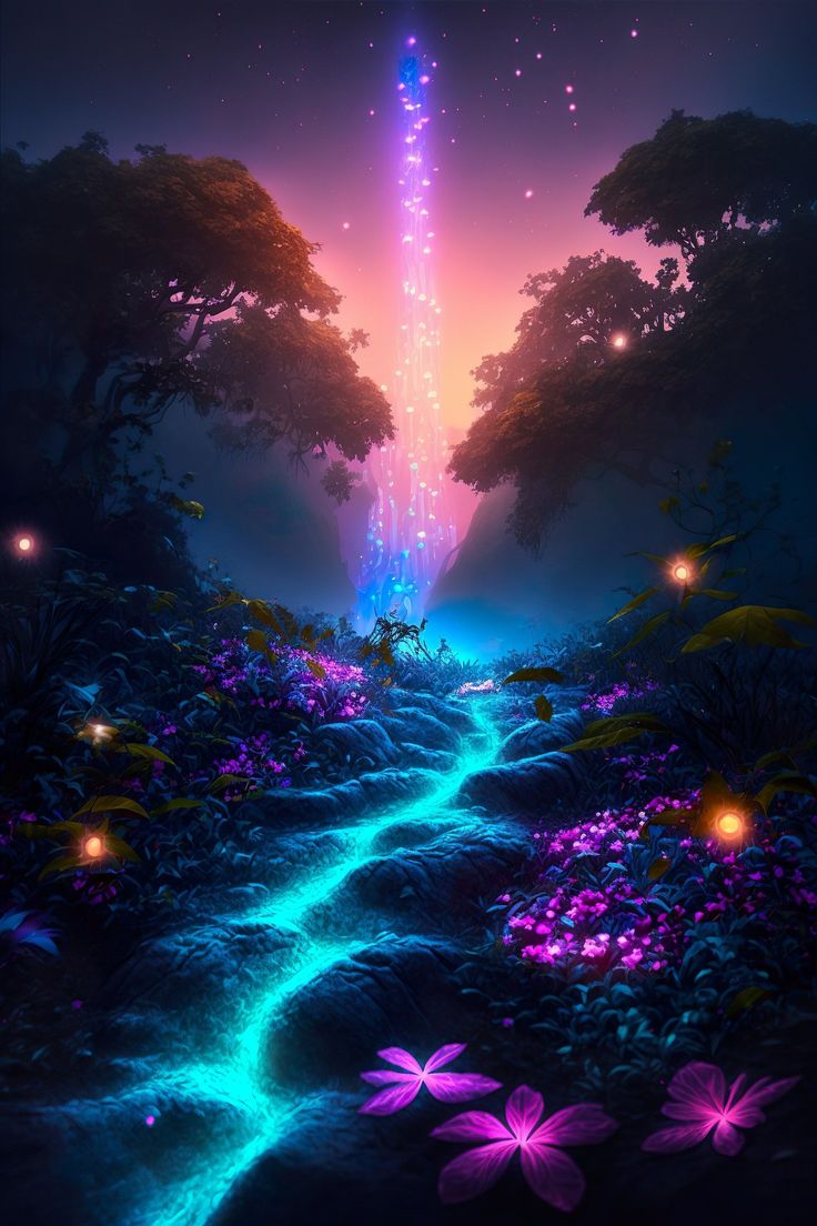 an image of a fantasy scene with flowers and trees