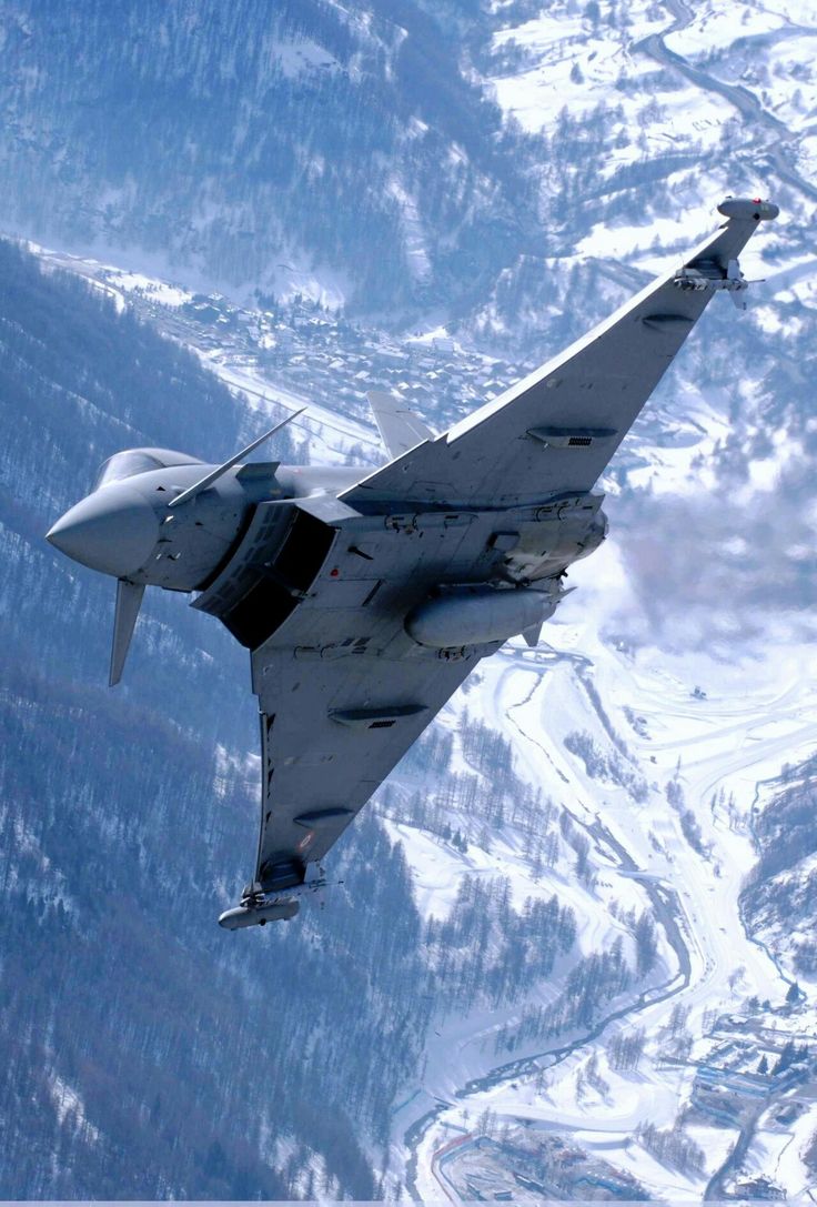 a fighter jet flying through the air over snow covered mountains and trees in the background