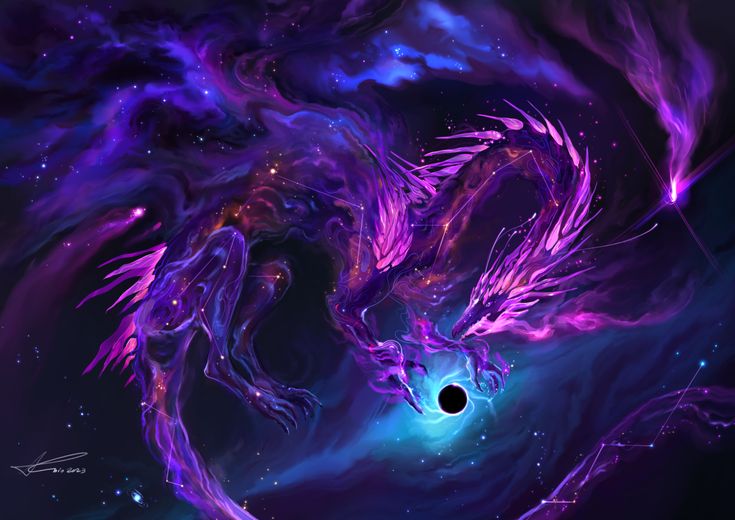 a purple and blue dragon is in the middle of an abstract space scene with stars