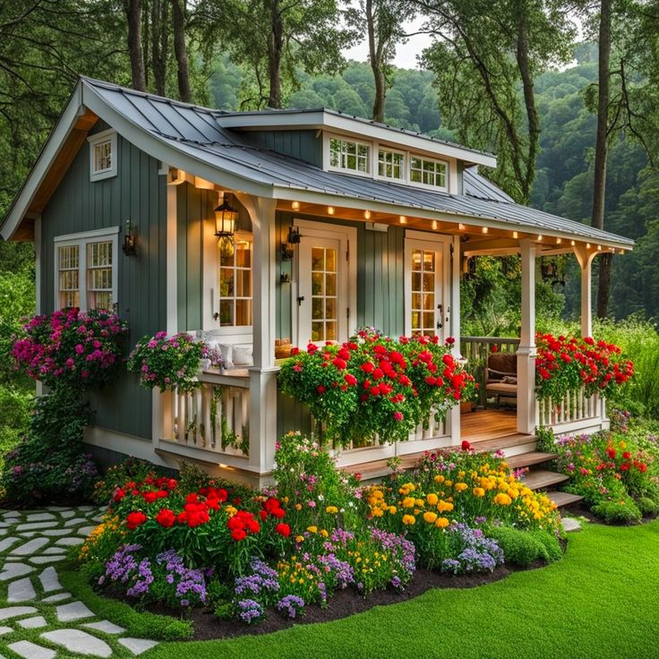 a small house with lots of flowers around it