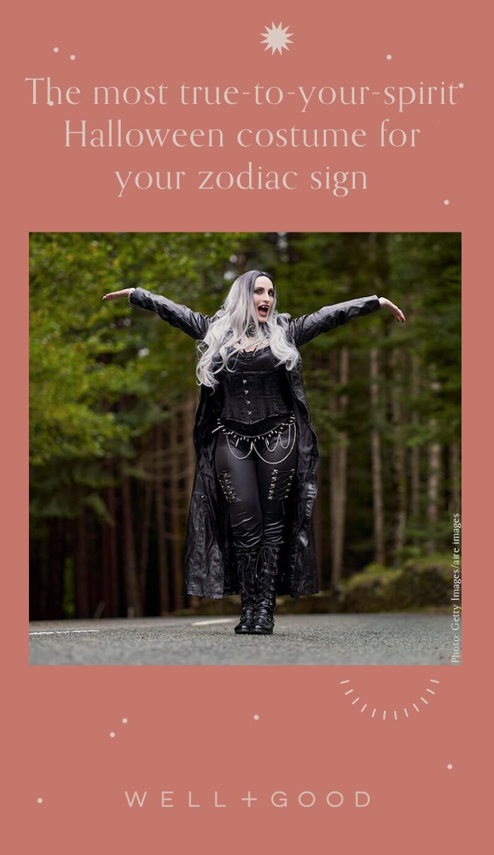 a woman dressed as a witch with her arms spread out in front of the camera and text that reads, the most true to your spirit halloween costume for your zodiac sign