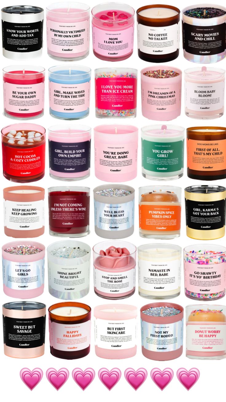 many different types of candles with hearts on them