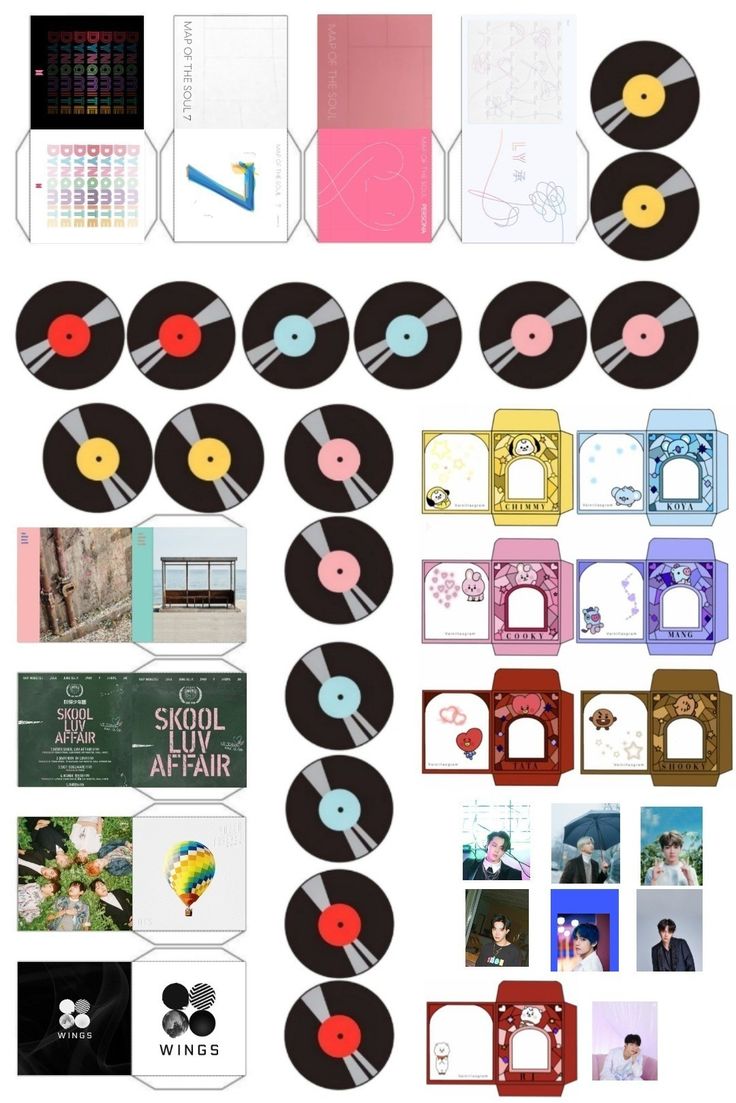 an assortment of various records with different colors and designs on them, including one that has been