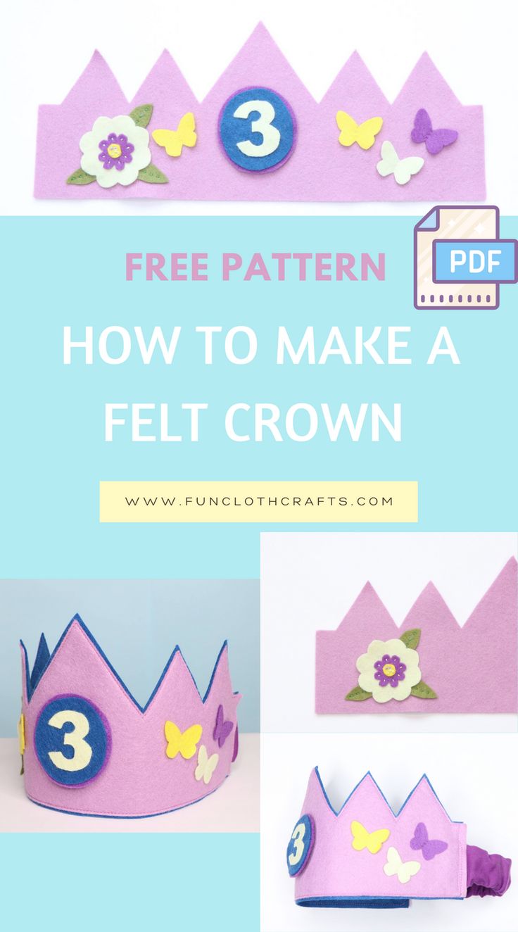 How to make a felt crown with free crown pattern | Felt crown in purple with blue 3 number, butterflies and flower How To Make A Felt Crown, Diy Felt Crown Birthday, Fabric Crown Diy Free Pattern, Fabric Birthday Crown Diy, Diy Birthday Crown For Girl, Felt Crowns For Kids, Fabric Crown Pattern Free, Felt Crown Pattern, Felt Crown Diy