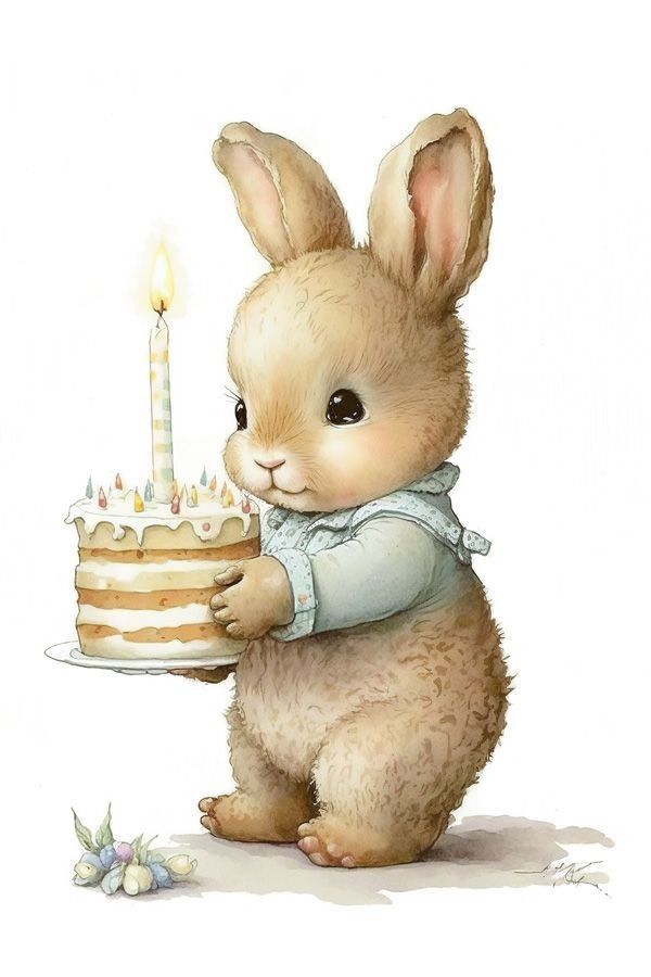 a little bunny holding a cake with a lit candle