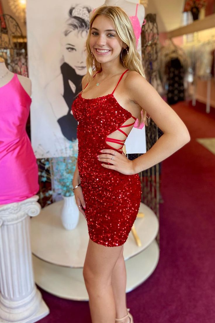 Strappy Red Sequin Tight Short Homecoming Dress Short Red Party Dress, Unique Hoco Dresses, Red Homecoming Dresses Short, Red Homecoming Dress, Homecoming 2024, Sadie Dress, Bodycon Dress Homecoming, Hoco Dresses Tight, Mini Homecoming Dresses