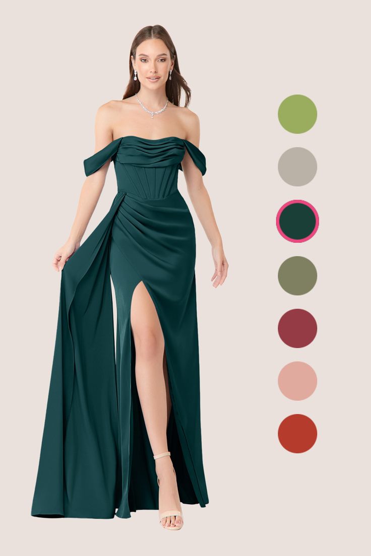 a woman in a long green dress with slits on the side and color swatches