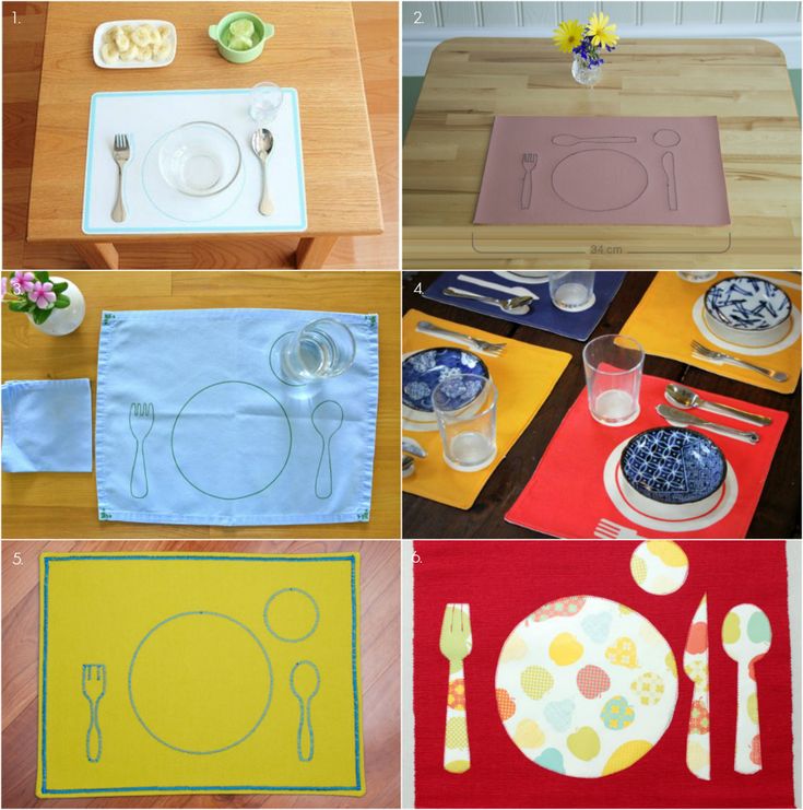 four different pictures of placemats, plates and utensils on a table