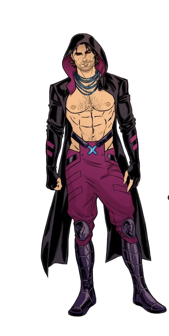 a drawing of a man with no shirt on wearing purple pants and a black coat