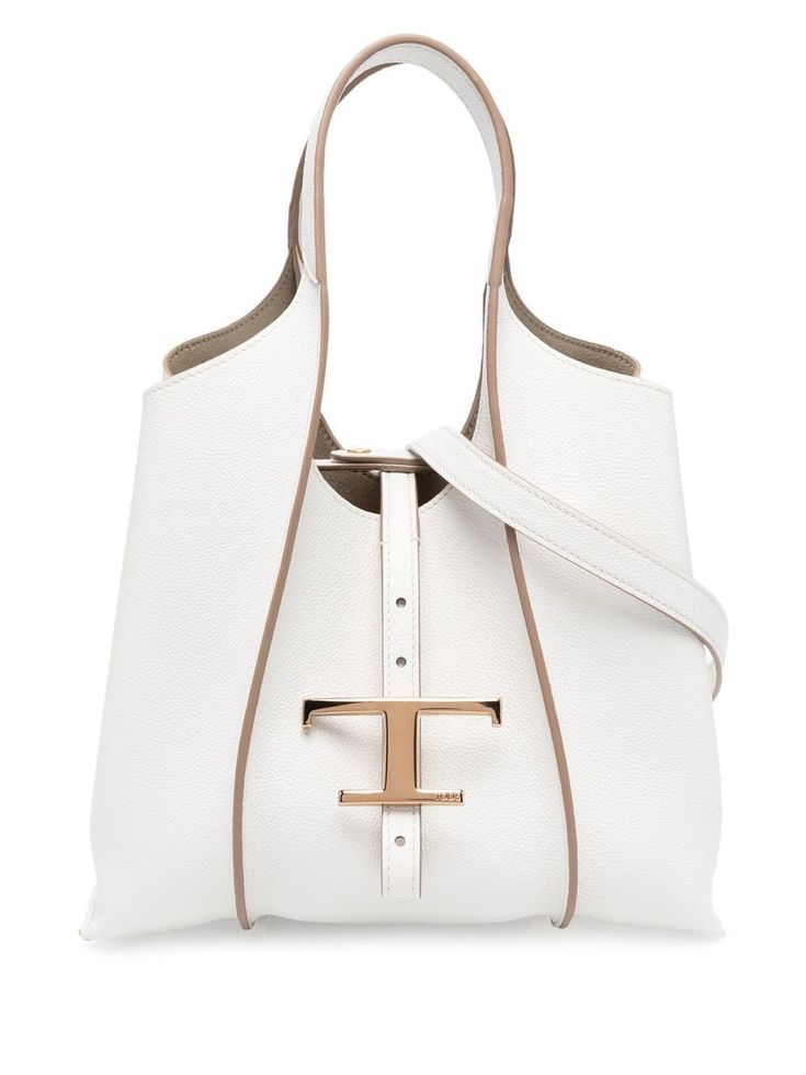 Timeless logo charm tote bag from TOD'S featuring calf leather, logo charm, press-stud fastening, two long top handles, main compartment and white. | Tod's Timeless logo charm tote bag Timeless Logo, Tods Bag, Heeled Rain Boots, High Heel Rain Boots, Mini Tote Bag, Backpack Tote Bag, Leather Shops, Mini Tote, Leather Logo