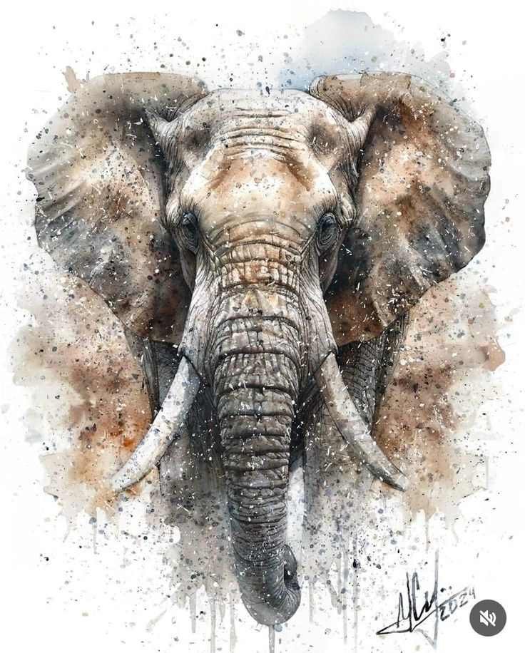 an elephant's head is shown in this watercolor painting