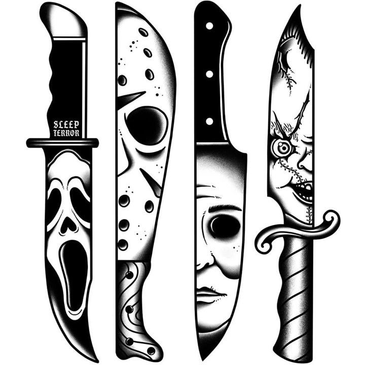 three different types of knives with faces on them