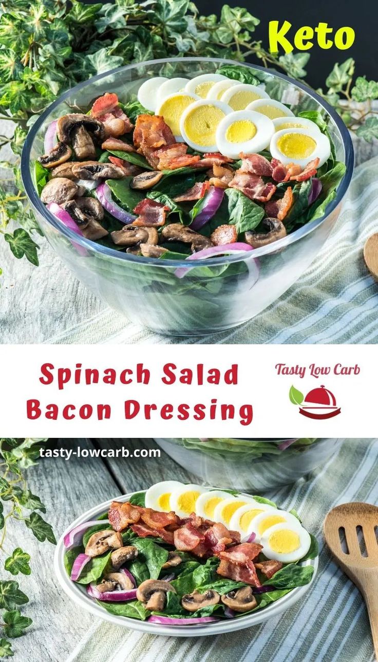 spinach salad with bacon and eggs in a bowl