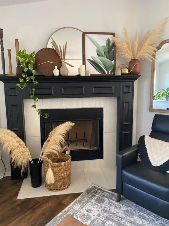 a living room filled with furniture and a fire place covered in plants on top of a mantel