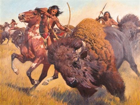 a painting of native americans riding on the backs of buffalos