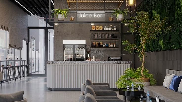 the interior of a bar with seating and greenery on the wall behind it,