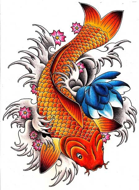 an image of a fish with flowers on it's back and the word koi written