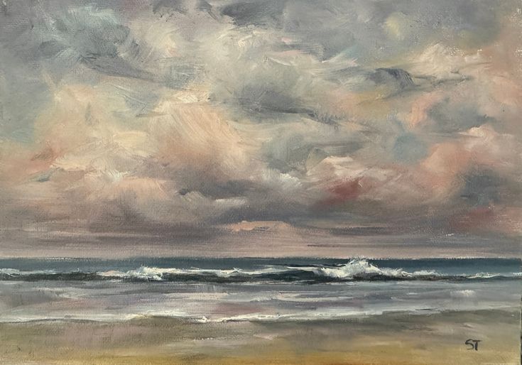 an oil painting of the ocean with clouds in the sky and waves crashing on the beach