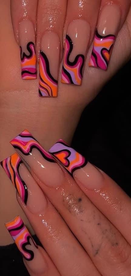 2025 Trend Nails, Cute Colorful Acrylic Nails, Tapered Nail Designs, Nail Drip Design, 70s Theme Nails, Trippy Nail Ideas, Glitch Nails, Acrylic Nails For Baddies, Hippie Nail Ideas