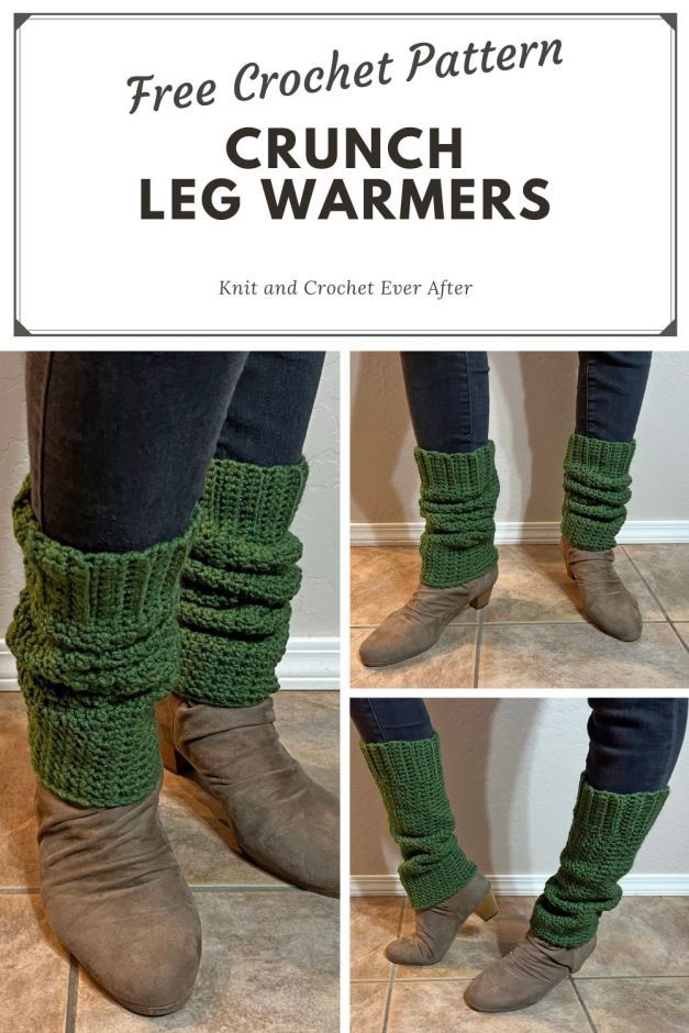 the legs and leg warmers are knitted in green yarn, with text overlay that reads free crochet pattern crunch leg warmers