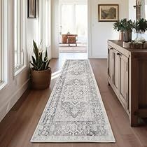 a long hallway with a rug on the floor and potted plants next to it