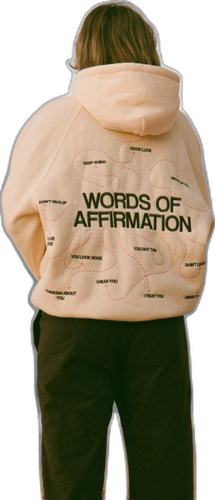 the back of a person wearing a sweatshirt with words on it and an over head hoodie