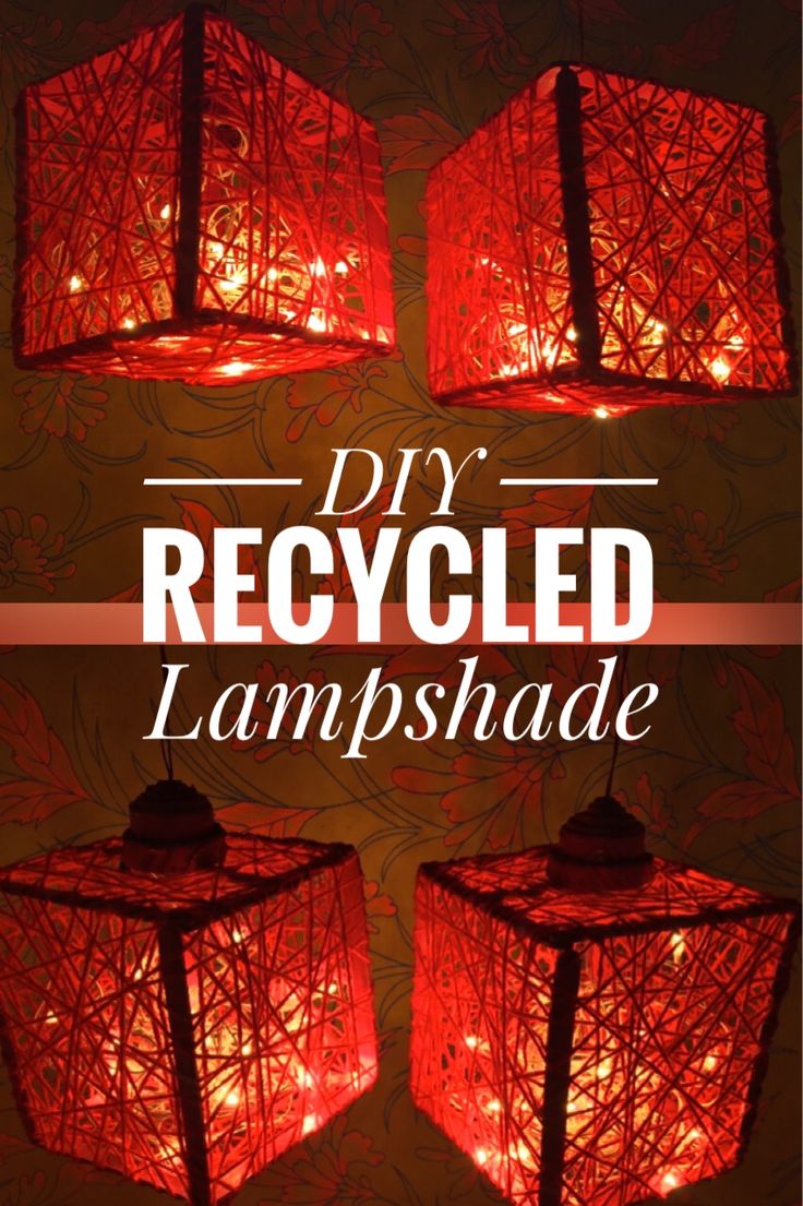 four red lamps with the words diy recycled lampshade