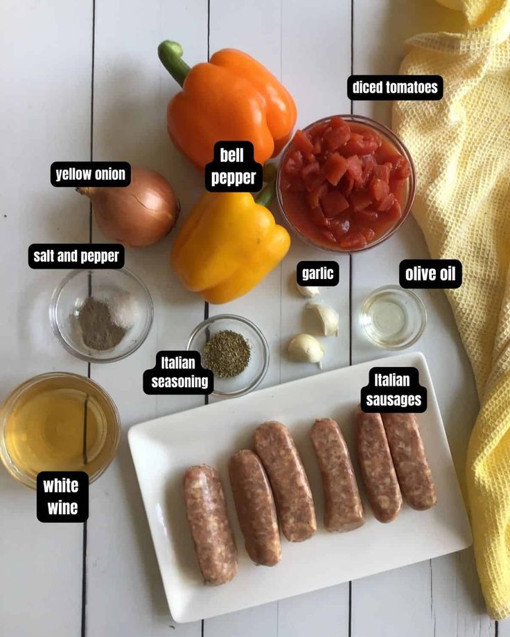 an image of sausages on a white plate with ingredients labeled in english and italian