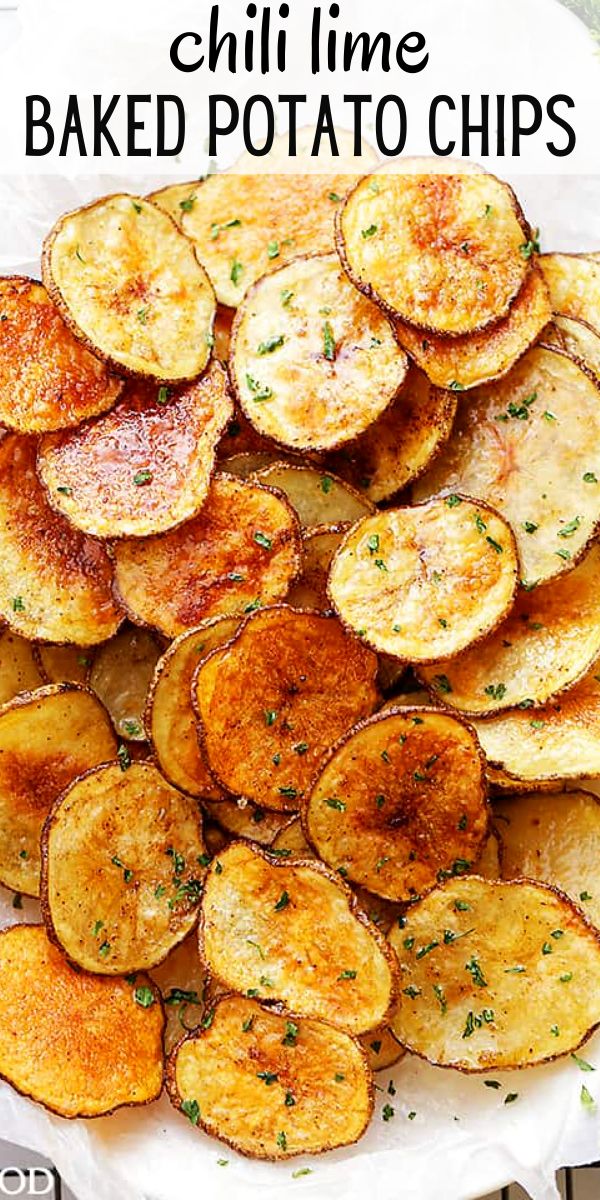 baked potato chips on a white plate with text overlay