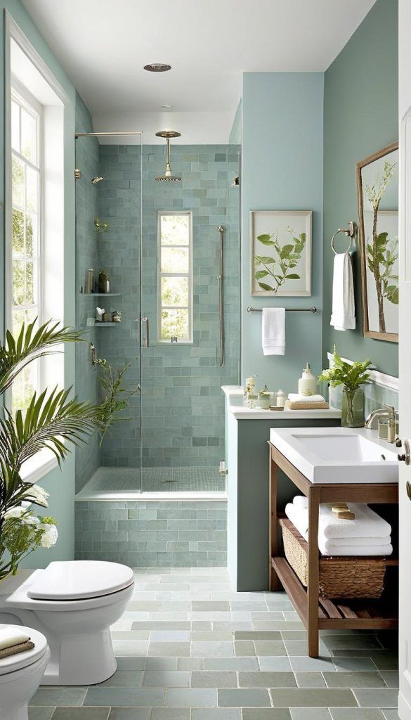 a bathroom with blue walls and tile flooring is pictured in this image, there are two toilets next to the bathtub