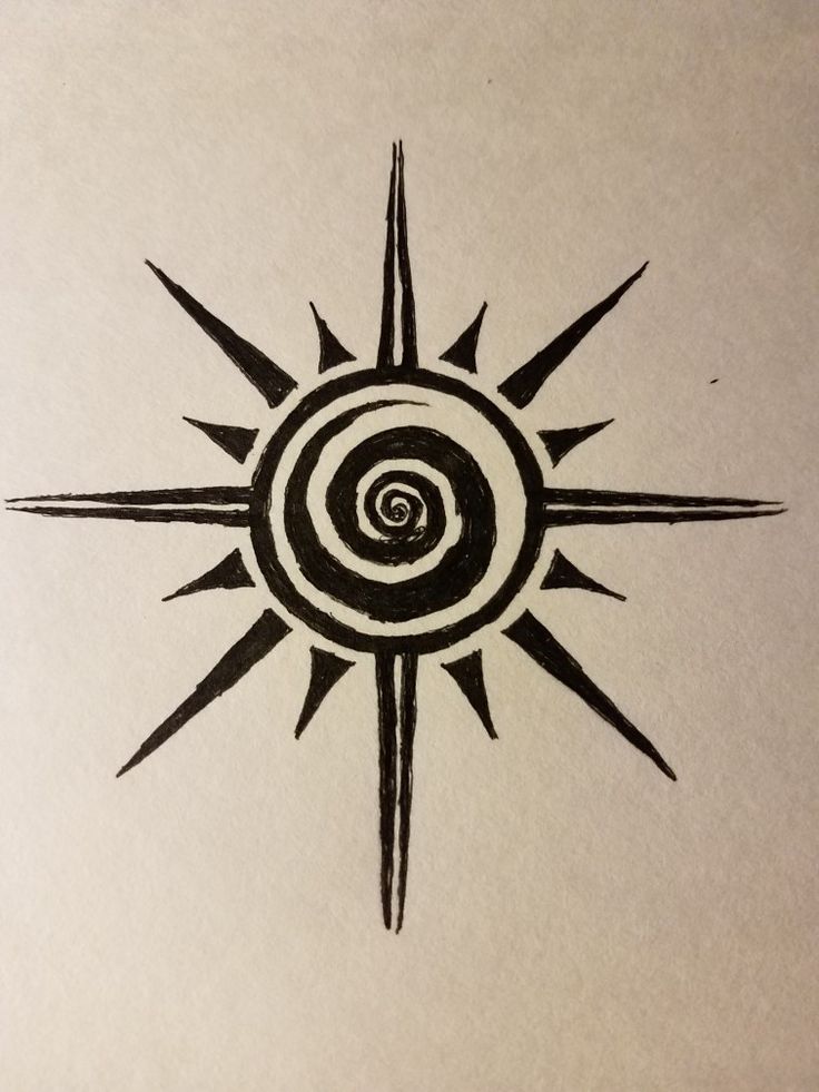 a black and white drawing of a sun with a spiral in it's center