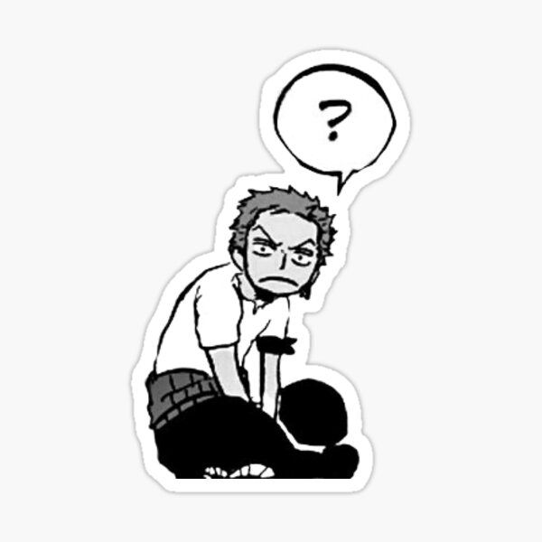 a sticker with an image of a person sitting on the ground and a question bubble above