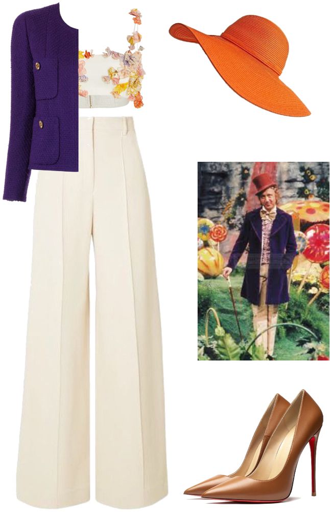 Willy Wonka Dress To Impress, Willy Wonka Inspired Outfit, Willy Wonka Outfit, Wonka Outfit, Cream Pants, Willy Wonka, Brown Heels, Chocolate Factory, Themed Outfits